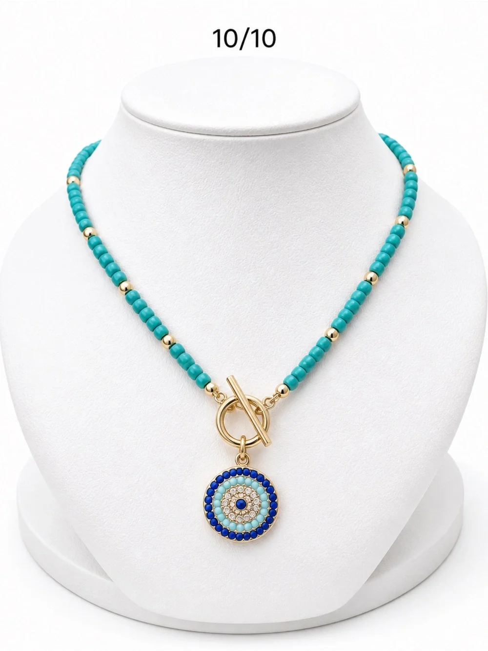 Gold Toggle Turquoise Beaded Necklace with Blue Evil Eye Pendant - Picture 5 of 5